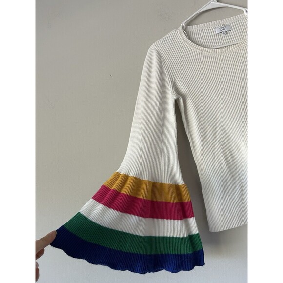 Crown & Ivy White Sweater With Rainbow Colorful Bell Flare Sleeves Size Small - Picture 2 of 10